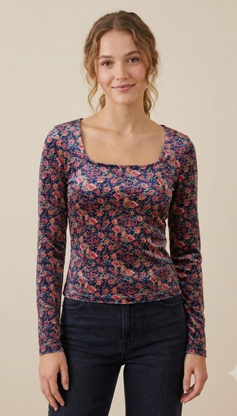 Natural Life Danielle Square Neck Floral Velvet Top Multicolor Small New